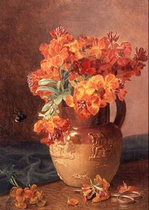 Nature morte avec giroflées dans un pichet en grès