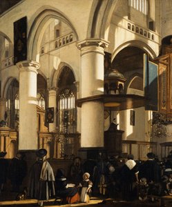 La vieille église, Delft, avec des fidèles écoutant un sermon, 1669