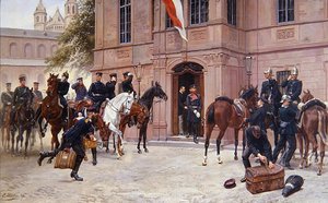 Le prince héritier Ludwig IV de Hesse-Darmstadt disant adieu à Cornelius Heyl, devant Schlosschen, Worms, avant de partir pour la bataille de Sedan en 1870 - Emil Huenten