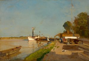 La station de bateau à vapeur sur le Danube en face de Kaisermühlen - Emil Jakob Schindler