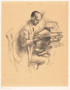 Homme derrière un bureau rempli de livres - Emil Orlik (signed by artist)