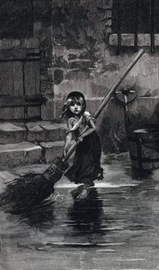 Scène des Misérables, de Victor Hugo : Cosette balayant (gravure)