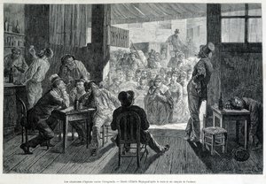 Un groupe de femmes devant un bar, interdit aux femmes, chantant des hymnes aux ivrognes contre l