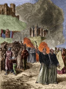 Croisade contre les Albigeois - Les derniers défenseurs de Montségur (Cathare) brûlés sur le bûcher en 1244 - Gravure par Emile Bayard d