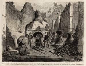Découverte par un four de boulangerie et pain conservé dans la cendre lors des fouilles de 1864 à Pompéi, dessin pour illustrer le texte de Marc Monnier « Pompéi et les Pompéiens ». Gravure dans « Le tour du monde », édité par - Emile Antoine Bayard
