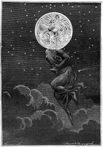 Gravure (par Emile Bayard) du livre de Jules Verne « Autour de la Lune » (édition Hetzel/Voyages extraordinaires 1870) : « la lune personnifiée avec le corps d