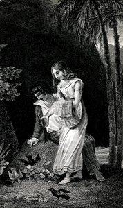 Gravure illustrant une édition de la fin du 19e siècle du roman de Jacques-Henri Bernardin de Saint-Pierre : Paul et Virginie. Les oiseaux viennent se poser sans crainte près du jeune couple d