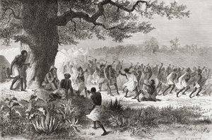 Henry Morton Stanley observant la tribu Vouagogos se préparant pour la bataille lors de son expédition en 1871, illustration de 