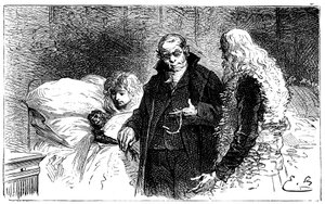 Illustration pour le roman de Hector Malot « Sans Famille » : Joli-Cœur, le singe savant malade, est examiné par un médecin en présence de Rémi et Monsieur Vitalis - Emile Antoine Bayard