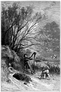 Illustration pour le roman de Hector Malot « Sans Famille » : Rémi chante avec la harpe tandis que ses amis dansent, les animaux savants de la troupe de Monsieur Vitalis, les deux chiens Capi et Dolce - musicien de rue, saltimbanque - Emile Antoine Bayard