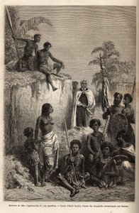 Kamehameha I (ca. 1758-1819), roi des îles Hawaï et fondateur de leur unité, entouré de guerriers hawaïens et de quelques sujets à Honolulu, gravure d