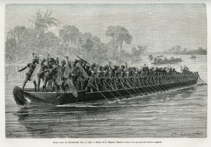 Grande pirogue des Arouhouimi, chargée de 40 pagayeurs debout et de vingt guerriers en armes, sur le fleuve Livingstone (Congo), dessin par Emile Bayard, pour illustrer l