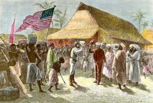 Rencontre à Ujiji sur les rives du lac Tanganyika entre Henry Morton, explorateur et journaliste gallois (1841-1904) et David Livingstone, missionnaire écossais explorateur du continent africain (1813-1873), le 10 novembre - Emile Antoine Bayard