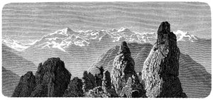 Sommet de montagne appelé Pierre à Voir près des bains de Saxon dans le Valais, Alpes suisses. Illustration par Émile Bayard pour le livre d