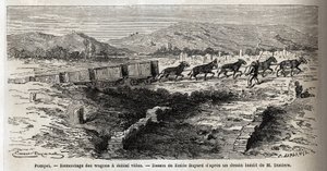 Rassemblement de wagons vides lors des fouilles de 1864 à Pompéi, dessin d