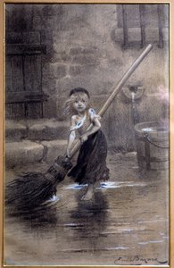 Représentation de Cosette, balayant pieds nus. Illustration pour "Les Misérables" de Victor Hugo par Émile Bayard 19ème siècle. Paris, Maison Victor Hugo