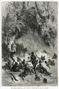 Sir Henri Morton Stanley au milieu des baigneurs de la région de Karagoué (Cameroun), qui plongent dans le bassin d