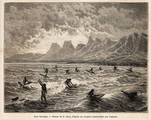 Surf, le jeu favori des Hawaïens, ici par des femmes, en équilibre, debout ou assises, sur la planche, sur la crête des vagues, qui les ramènent à la plage, gravure d