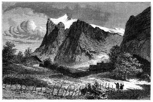Vue des Alpes suisses. Illustration par Émile Bayard pour le livre Les Montagnes d