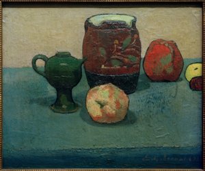 Nature morte avec cruche en pierre et pommes