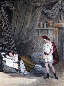 Scène représentant la fille muette Fenella endormie dans une hutte avec son frère Masaniello : acte IV de l