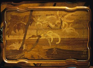 Palmiers au bord de la mer, dessus de table en bois incrusté, par Emile Gallé - Emile Galle
