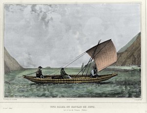 Une balsa ou un bateau de roseaux sur le lac Titicaca (Bolivie). Lithographie par Emile Lassalle - dans « Voyage dans l