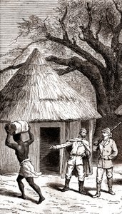 Explorateurs et porteurs devant une hutte africaine, 1887 (