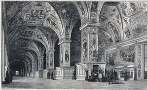 Vue intérieure de la bibliothèque du Vatican au XVIIIe siècle. Gravure par Therond d