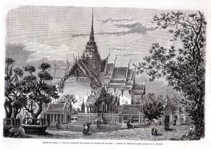 Jardin du palais. Pavillon contenant les cendres du dernier roi de Siam. Dessin de Thérond d