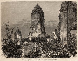 Les ruines prises dans la végétation de la jungle, à Ajuthia (Thaïlande), dessin de Therond, pour illustrer le voyage à travers les royaumes de Siam, Cambodge et Laos, de 1858 à 1861, par Henri Mouhot. Gravure dans "Le tour du monde", édité par Edouard Cha - Emile Theodore Therond