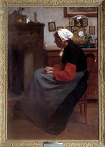 Cœur simple. Un vieux paysan endormi sur une chaise dans un intérieur rustique. Peinture d