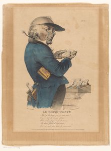 Homme regardant un livre devant un étal de livres - Émile Wattier