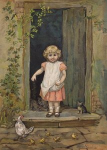 Petite fille nourrissant les poules depuis le seuil de sa maison (chromolithographie) - Emily Jane Harding Andrews