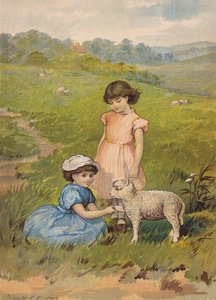 Deux filles caressant un agneau - Emily Jane Harding Andrews