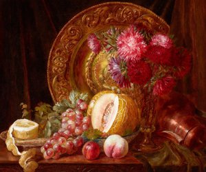 Chrysanthèmes, fruits et assiette