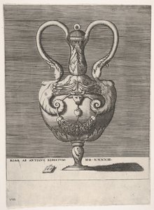 Vase antique avec couvercle et deux poignées émergeant des têtes de sphinx hybrides..., 1543 ou après