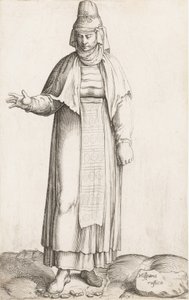 Planche de costume : Hispana Rustica avec étiquette sur le rocher, ca. 1557-58 - Enea Vico