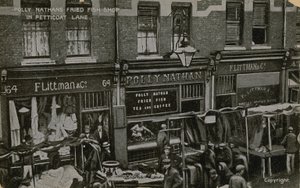 Boutique de poisson frit de Polly Nathans, Petticoat Lane, Londres - English Photographer
