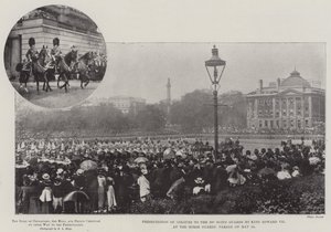 Présentation des couleurs aux 3e Scots Guards par le roi Édouard VII à la parade des Horse Guards le 24 mai - English Photographer