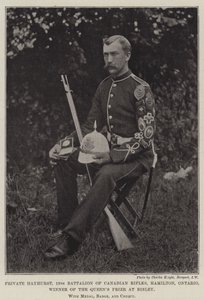 Soldat Hayhurst, 13e bataillon des fusiliers canadiens, Hamilton, Ontario, vainqueur du prix de la reine à Bisley, avec médaille, badge et chèque