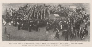 Retour du contingent néo-zélandais du Transvaal, réception à Port Chalmers, où les hommes ont débarqué du RMS Tongariro