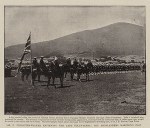 Sir F Forestier-Walker passant en revue les volontaires du Cap, les Highlanders défilant