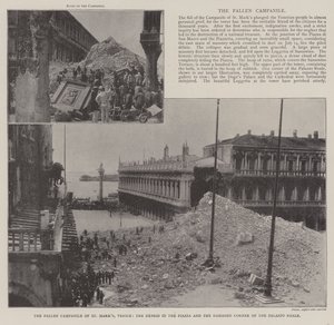 Le campanile effondré de Saint-Marc, Venise, les débris sur la Piazza et le coin endommagé du Palazzo Reale