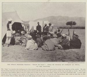 Les soulèvements à la frontière indienne, paix ou guerre ? Jirga ou conseil des Pathans à Thull, à la frontière - English Photographer