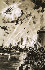 Un convoi britannique pendant la Seconde Guerre mondiale attaqué par des Stukas allemands - English School