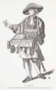 Un colporteur, frontispice de Les cris et les habitudes de la ville de Londres par M. Lauren, 1709, illustration de Chap-books du XVIIIe siècle par John Ashton, pub. 1882 - English School