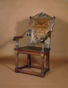 Fauteuil de Charles Ier, milieu des années 1600 (chêne avec incrustation de marqueterie)