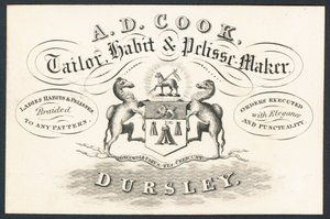 A D Cook, tailleur, fabricant de vêtements et de pelisses, carte de visite - English School