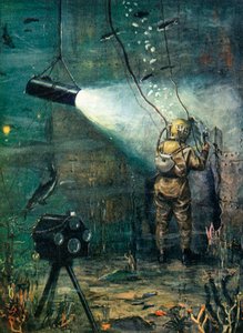 Un plongeur au travail sur une épave (lithographie couleur) - English School